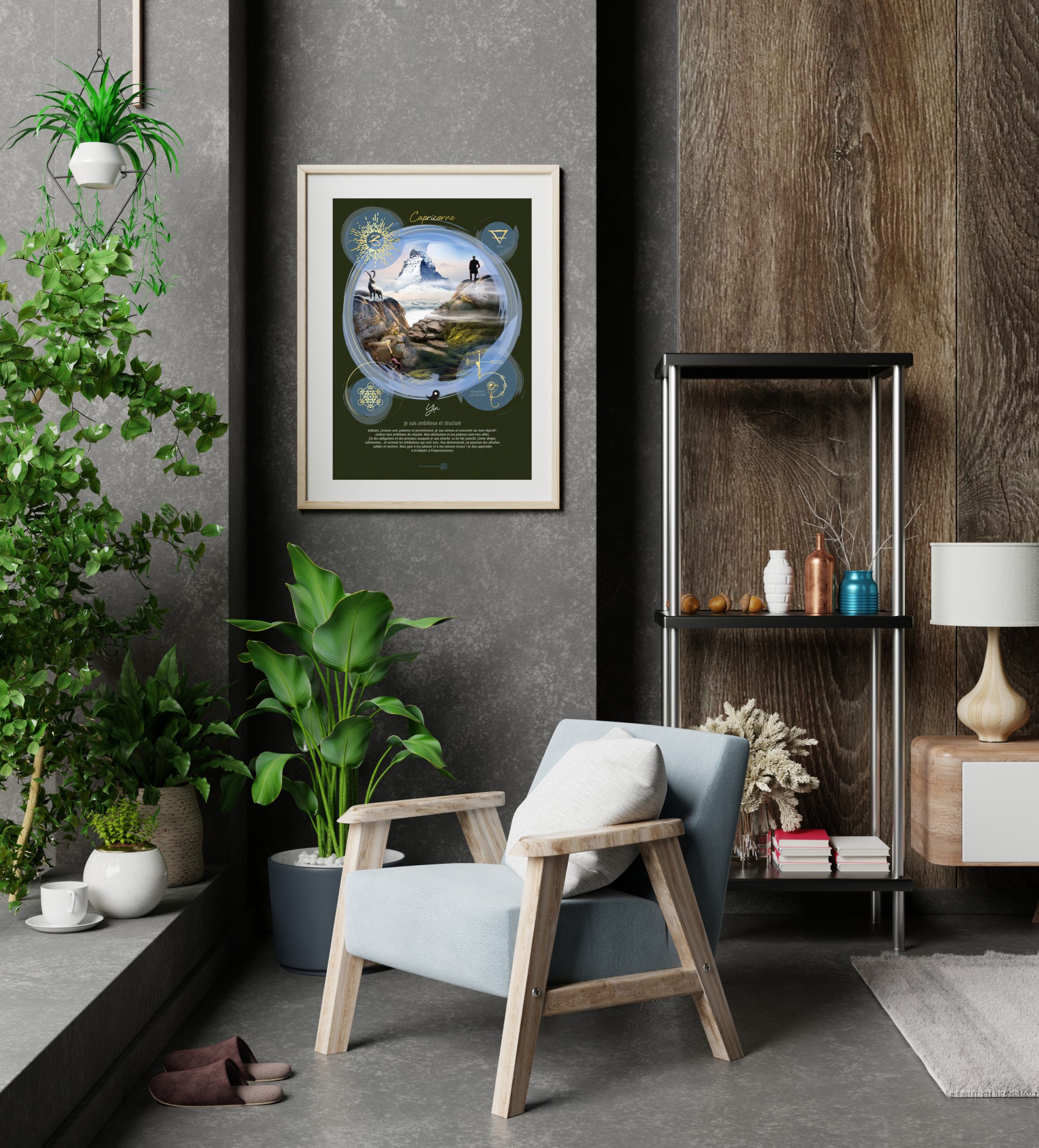 Poster mockup with vertical frames on empty dark wall in living