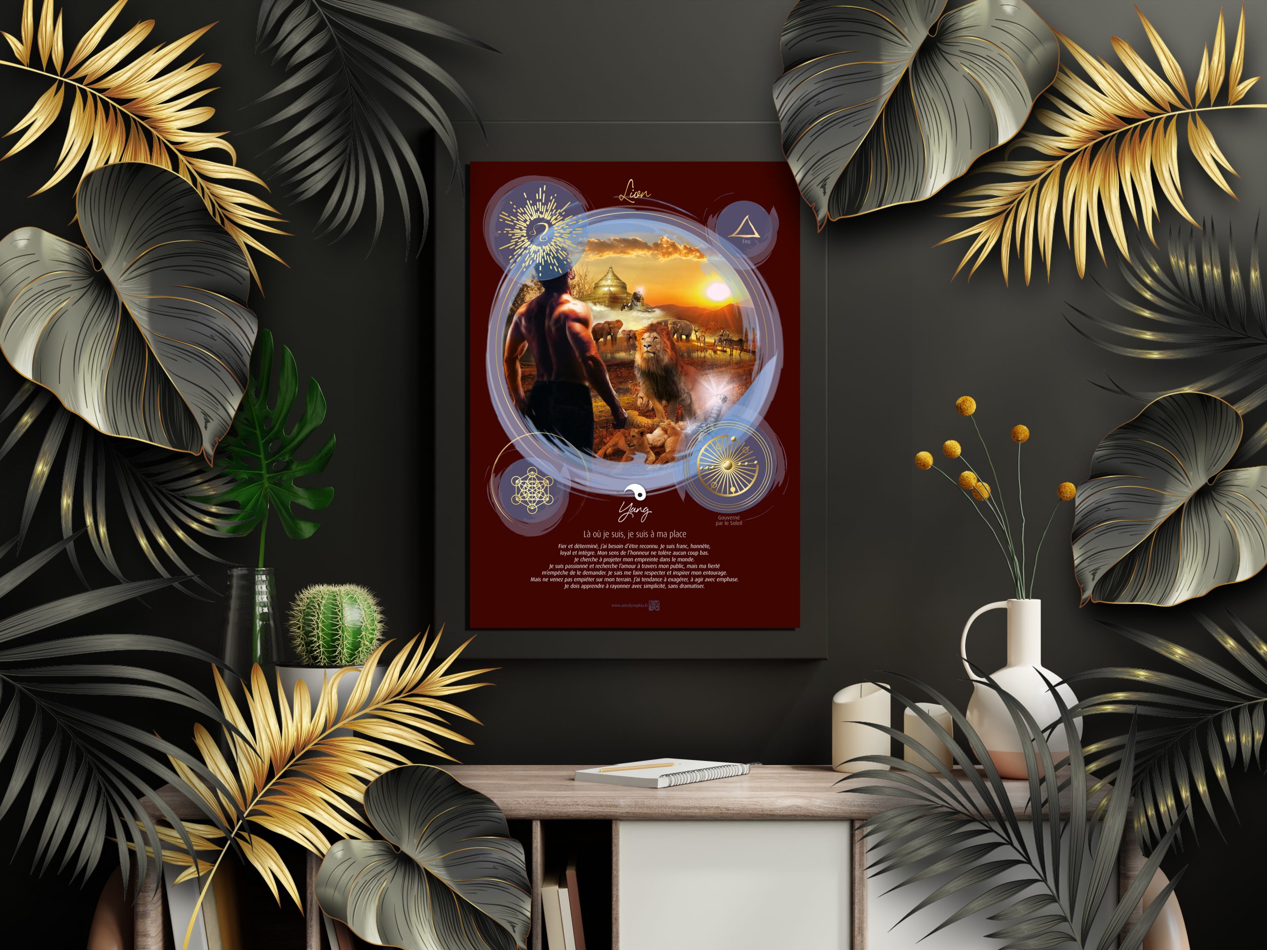 Mockup black poster on cabinet in living room interior on empty