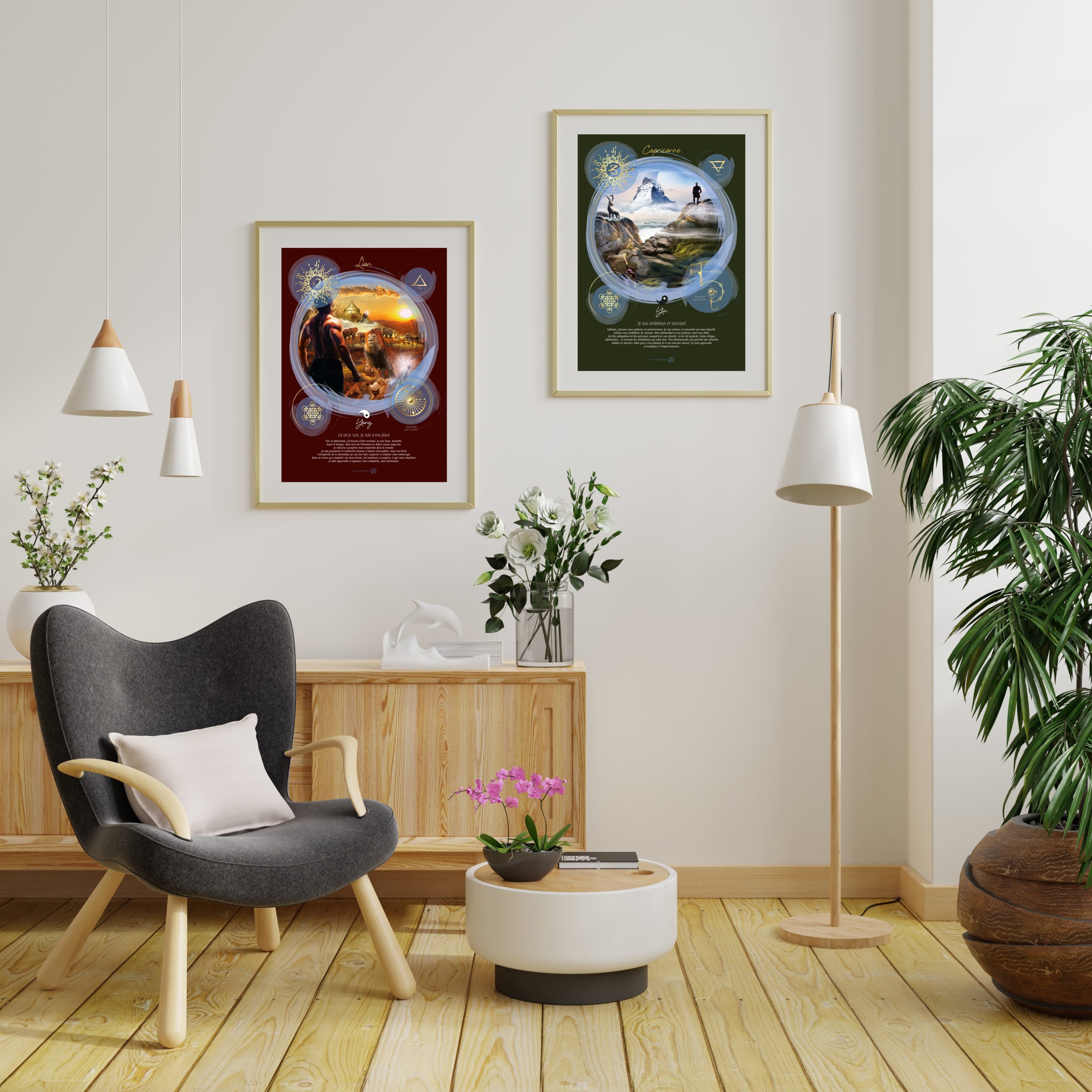 Two poster mockup with vertical frames on empty white wall in li