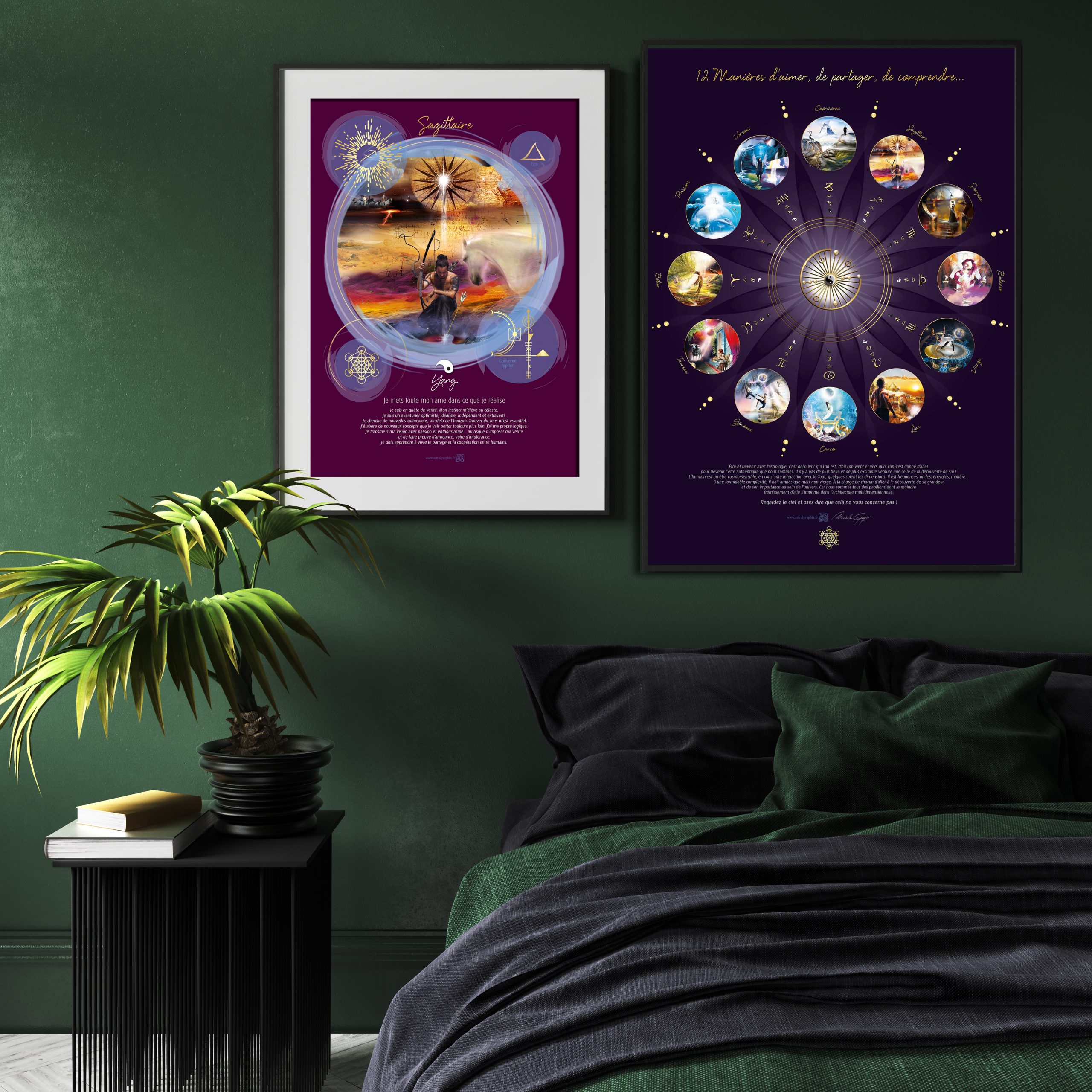Mock-up poster in modern dark green bedroom interior with potted plant on table